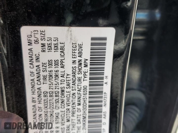2013 Honda CR-V LX с VIN 2HKRM3H30DH516590, выставлен на аукционе Copart как лот 59342865 с пробегом 101 852 миль миль и Списание • Salvage title. История ставок и продаж доступна на DreamBid. Изображение 13.