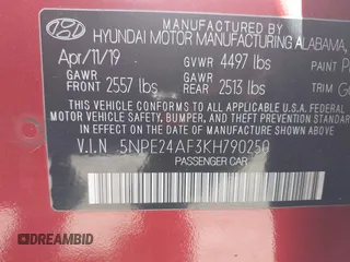 2019 Hyundai Sonata SE with VIN 5NPE24AF3KH790250, listed as a IAAI auction lot 41997452 with 109,432 mi miles and . Bid and sale history available at carsss.com. Image 9.