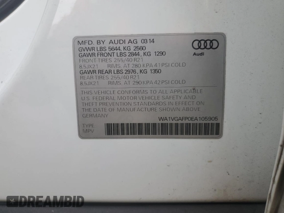 2014 Audi SQ5 Prestige with VIN WA1VGAFP0EA105905, listed as a Copart auction lot 82594444 with 117,847 mi miles and Clean title. Bid and sale history available at DreamBid. Image 14.