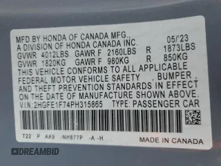 2023 Honda Civic Sedan EX with VIN 2HGFE1F74PH315865, listed as a Copart auction lot 45335605 with 32,169 mi miles and Salvage Title. Bid and sale history available at carsss.com. Image 14.
