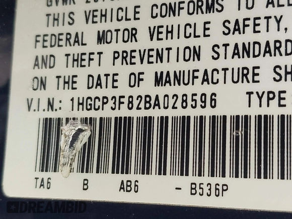 2011 Honda Accord EX-L с VIN 1HGCP3F82BA028596, выставлен на аукционе IAAI как лот 42371882 с пробегом 189 173 миль миль и . История ставок и продаж доступна на DreamBid. Изображение 9.