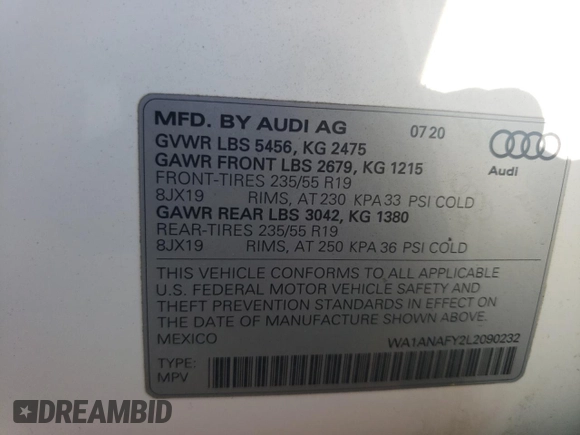 2020 Audi Q5 Premium z VIN WA1ANAFY2L2090232, wystawiony jako Copart lot #54511975 z przebiegiem 47 532 mil mil oraz Szkoda całkowita • Salvage title. Historia ofert i sprzedaży dostępna na DreamBid. Obrazek 13.