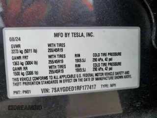2024 Tesla Model Y с VIN 7SAYGDED1RF177417, выставлен на аукционе Copart как лот 54241755 с пробегом 7 716 миль миль и Списание • Salvage title. История ставок и продаж доступна на DreamBid. Изображение 12.