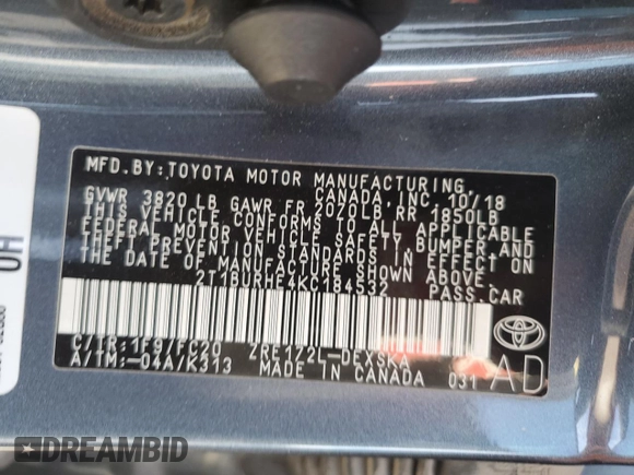 2019 Toyota Corolla L with VIN 2T1BURHE4KC184532, listed as a Copart auction lot 87870635 with 82,357 mi miles and Salvage Title. Bid and sale history available at DreamBid. Image 12.