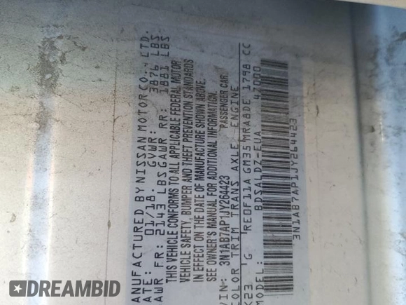 2018 Nissan Sentra SV z VIN 3N1AB7AP1JY264423, wystawiony jako Copart lot #60331565 z przebiegiem 128 315 mil mil oraz Szkoda całkowita • Salvage title. Historia ofert i sprzedaży dostępna na DreamBid. Obrazek 12.