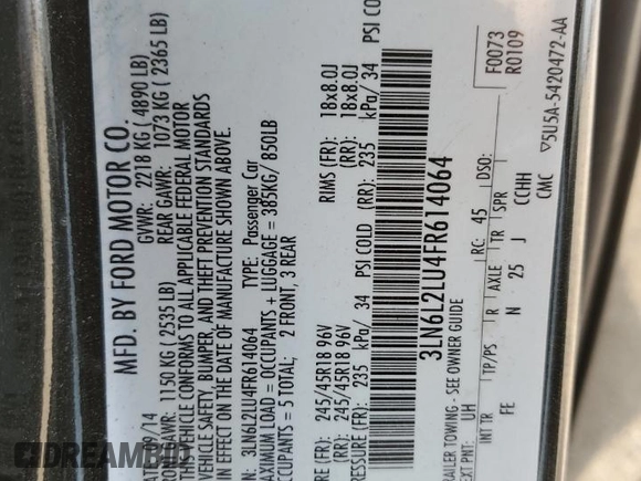 2015 Lincoln MKZ Hybrid with VIN 3LN6L2LU4FR614064, listed as a Copart auction lot 57120445 with 284,613 mi miles and Salvage title. Bid and sale history available at DreamBid. Image 13.