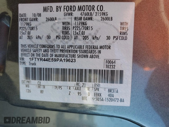 2009 Ford Ranger XLT with VIN 1FTYR44E59PA19623, listed as a Copart auction lot 49814615 with 195,581 mi miles and Salvage Title. Bid and sale history available at carsss.com. Image 14.