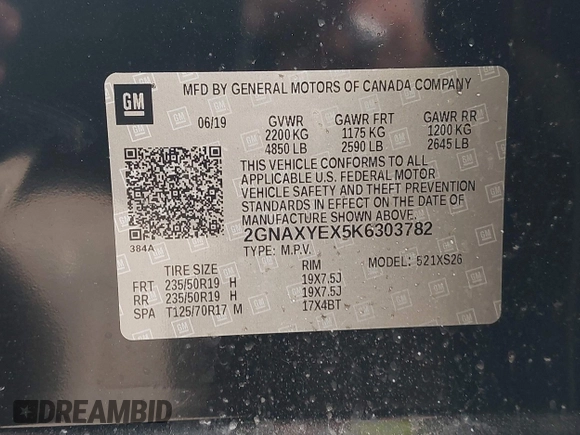 2019 Chevrolet Equinox Premier with VIN 2GNAXYEX5K6303782, listed as a IAAI auction lot 42474672 with 55,889 mi miles and . Bid and sale history available at DreamBid. Image 9.