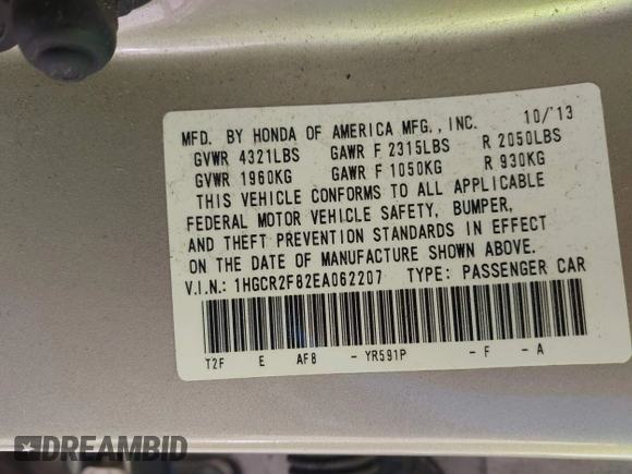 2014 Honda Accord EX-L with VIN 1HGCR2F82EA062207, listed as a IAAI auction lot 39063521 with 116,835 mi miles and . Bid and sale history available at carsss.com. Image 9.