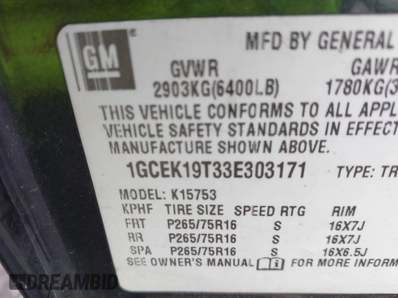 2003 Chevrolet Silverado 1500 LT with VIN 1GCEK19T33E303171, listed as a IAAI auction lot 42173297 with 167,859 mi miles and . Bid and sale history available at DreamBid. Image 9.