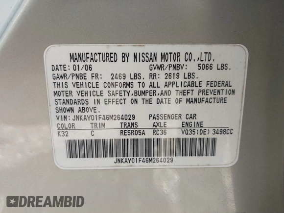 2006 Infiniti M with VIN JNKAY01F46M264029, listed as a IAAI auction lot 42164083 with Not provided miles and . Bid and sale history available at DreamBid. Image 9.