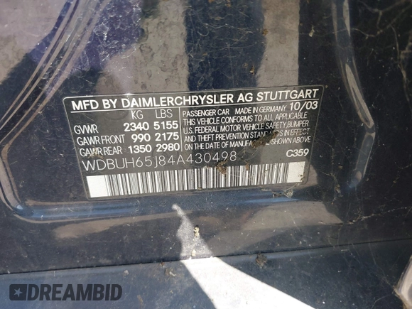 2004 Mercedes-Benz E 320 with VIN WDBUH65J84A430498, listed as a IAAI auction lot 42036595 with 211,247 mi miles and . Bid and sale history available at DreamBid. Image 9.