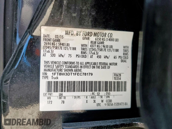 2015 Ford F-350 Lariat with VIN 1FT8W3DT1FEC78179, listed as a Copart auction lot 66496905 with 221,280 mi miles and Salvage title. Bid and sale history available at DreamBid. Image 12.