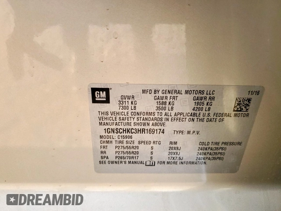 2017 Chevrolet Suburban LT z VIN 1GNSCHKC3HR169174, wystawiony jako Copart lot #59035415 z przebiegiem 64 243 mil mil oraz Szkoda całkowita • Salvage title. Historia ofert i sprzedaży dostępna na DreamBid. Obrazek 13.