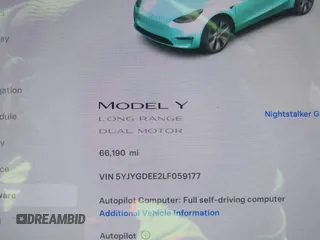 2020 Tesla Model Y Long Range with VIN 5YJYGDEE2LF059177, listed as a IAAI auction lot 41916260 with 66,190 mi miles and . Bid and sale history available at DreamBid. Image 15.