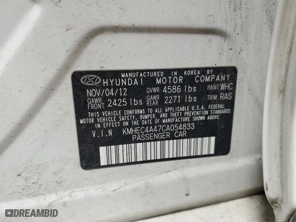 2012 Hyundai Sonata Hybrid with VIN KMHEC4A47CA054833, listed as a Copart auction lot 49708705 with NaN miles and Clean Title. Bid and sale history available at carsss.com. Image 12.