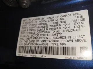 2019 Honda CR-V LX with VIN 2HKRW5H39KH400453, listed as a IAAI auction lot 40041024 with 76,932 mi miles and . Bid and sale history available at carsss.com. Image 9.