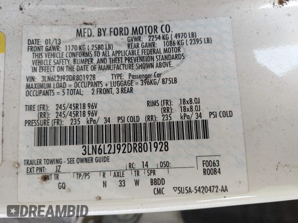 2013 Lincoln MKZ с VIN 3LN6L2J92DR801928, выставлен на аукционе IAAI как лот 42518246 с пробегом 173 157 миль миль и . История ставок и продаж доступна на DreamBid. Изображение 9.