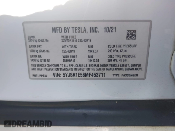 2021 Tesla Model S Long Range with VIN 5YJSA1E56MF453711, listed as a IAAI auction lot 41467603 with 115,634 mi miles and . Bid and sale history available at DreamBid. Image 9.
