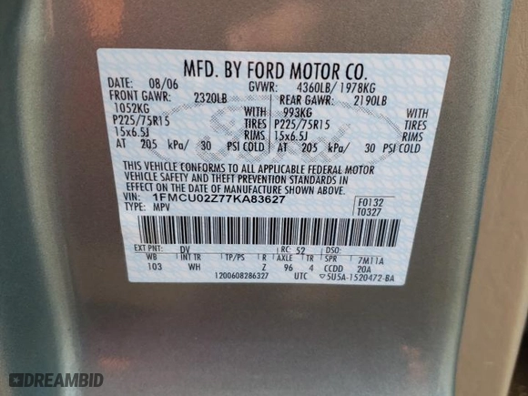 2007 Ford Escape XLS with VIN 1FMCU02Z77KA83627, listed as a Copart auction lot 69670074 with 64,058 mi miles and Salvage Title. Bid and sale history available at carsss.com. Image 12.