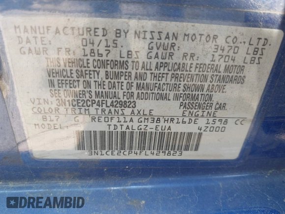 2015 Nissan Note SV with VIN 3N1CE2CP4FL429823, listed as a IAAI auction lot 42176430 with 84,953 mi miles and . Bid and sale history available at DreamBid. Image 9.