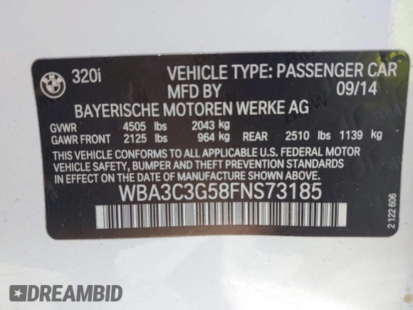 2015 BMW 3 Series 320i xDrive с VIN WBA3C3G58FNS73185, выставлен на аукционе IAAI как лот 42264374 с пробегом 91 192 миль миль и . История ставок и продаж доступна на DreamBid. Изображение 9.