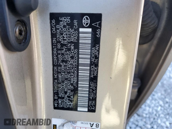 2007 Toyota Camry с VIN JTNBB46KX73002636, выставлен на аукционе Copart как лот 88712465 с пробегом Не указан миль и Списание • Salvage title. История ставок и продаж доступна на DreamBid. Изображение 14.