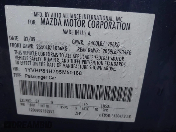 2009 Mazda 6 i Sport with VIN 1YVHP81H795M50188, listed as a IAAI auction lot 41073403 with 262,603 mi miles and . Bid and sale history available at carsss.com. Image 9.