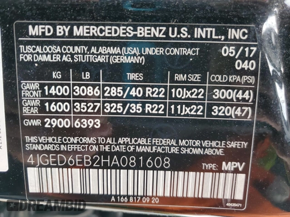 2017 Mercedes-Benz GLE 43 AMG with VIN 4JGED6EB2HA081608, listed as a Copart auction lot 55968675 with 80,218 mi miles and Salvage title. Bid and sale history available at DreamBid. Image 14.