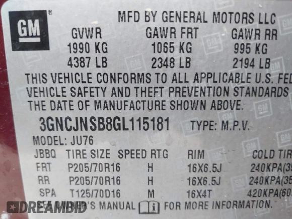 2016 Chevrolet Trax LS with VIN 3GNCJNSB8GL115181, listed as a IAAI auction lot 41738971 with 112,699 mi miles. Bid and sale history available at carsss.com. Image 9.