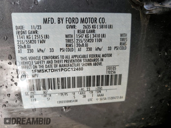 2023 Ford Explorer XLT with VIN 1FMSK7DH1PGC12480, listed as a Copart auction lot 61403655 with 20,555 mi miles and Salvage title. Bid and sale history available at DreamBid. Image 14.