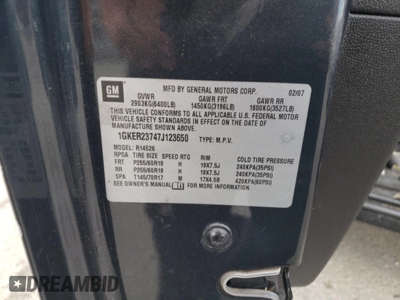 2007 GMC Acadia SLT with VIN 1GKER23747J123650, listed as a Copart auction lot 42908485 with Not Provided miles and Non Repairable. Bid and sale history available at carsss.com. Image 12.