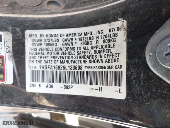 2006 Honda Civic Sdn EX with VIN 1HGFA16826L133698, listed as a IAAI auction lot 41870828 with 202,030 mi miles. Bid and sale history available at carsss.com. Image 9.
