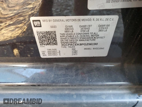 2023 Chevrolet Silverado 1500 LT with VIN 3GCPACEK8PG256190, listed as a Copart auction lot 88554125 with Not Provided miles and Salvage Title. Bid and sale history available at DreamBid. Image 13.
