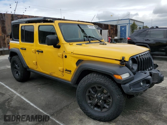 2021 Jeep Wrangler Unlimited Willys with VIN 1C4HJXDN7MW570675, listed as a Copart auction lot 49425805 with 53,687 mi miles and Salvage Title. Bid and sale history available at DreamBid. Image 4.
