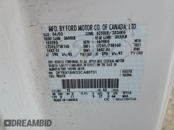 2003 Ford F-150 XL with VIN 2FTRX18W53CA80751, listed as a Copart auction lot 85313664 with 286,105 mi miles and Salvage Title. Bid and sale history available at carsss.com. Image 12.
