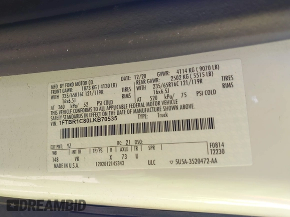 2020 Ford Transit Cargo with VIN 1FTBR1C80LKB70535, listed as a IAAI auction lot 41511858 with 76,085 mi miles and . Bid and sale history available at DreamBid. Image 9.