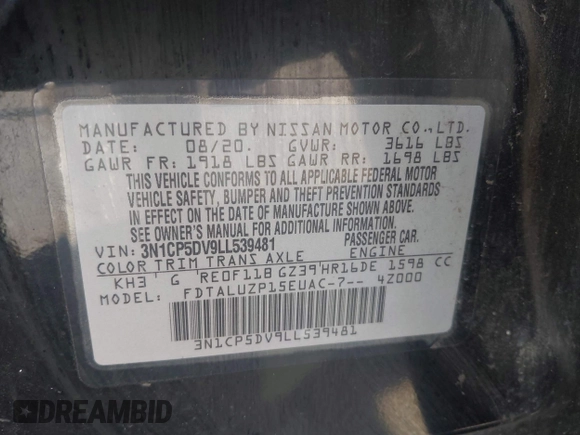 2020 Nissan Kicks SR z VIN 3N1CP5DV9LL539481, wystawiony jako IAAI lot #42099708 z przebiegiem 67 361 mil mil oraz . Historia ofert i sprzedaży dostępna na DreamBid. Obrazek 9.