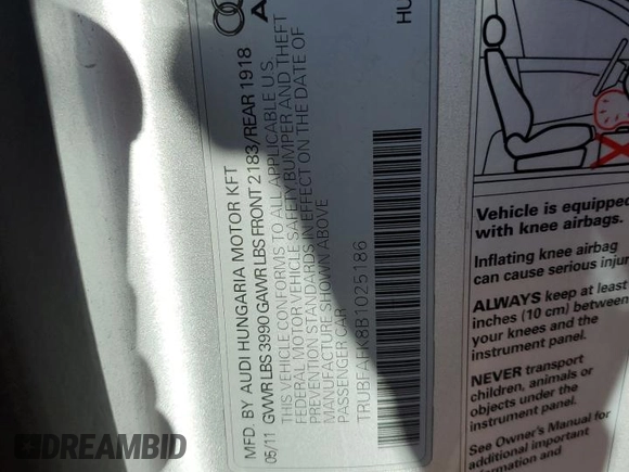 2011 Audi TT Premium Plus z VIN TRUBFAFK8B1025186, wystawiony jako Copart lot #70555994 z przebiegiem 100 584 mil mil oraz Szkoda całkowita • Salvage title. Historia ofert i sprzedaży dostępna na DreamBid. Obrazek 12.