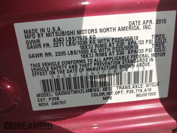 2015 Mitsubishi Outlander Sport 2.4 ES with VIN 4A4AR3AWXFE030738, listed as a IAAI auction lot 41526310 with 90,182 mi miles. Bid and sale history available at carsss.com. Image 9.