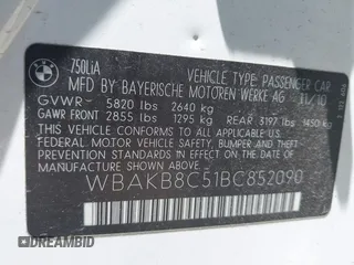 2011 BMW 7 Series 750Li с VIN WBAKB8C51BC852090, выставлен на аукционе IAAI как лот 42612038 с пробегом 101 179 миль миль и . История ставок и продаж доступна на DreamBid. Изображение 9.