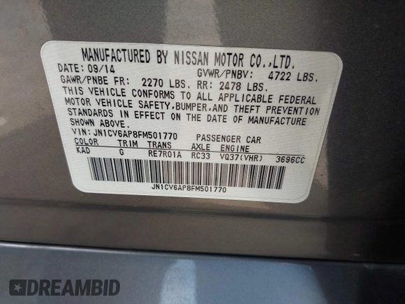 2015 Infiniti Q40 with VIN JN1CV6AP8FM501770, listed as a IAAI auction lot 42111315 with 123,249 mi miles. Bid and sale history available at carsss.com. Image 9.