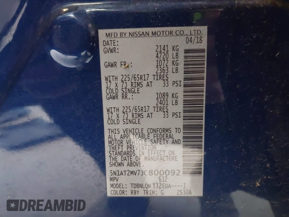 2018 Nissan Rogue SV with VIN 5N1AT2MV7JC800092, listed as a IAAI auction lot 41953847 with 86,168 mi miles and . Bid and sale history available at carsss.com. Image 9.