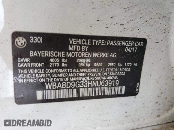 2017 BMW 3 Series 330i xDrive with VIN WBA8D9G33HNU63919, listed as a Copart auction lot 51428495 with 83,417 mi miles and Salvage Title. Bid and sale history available at carsss.com. Image 12.