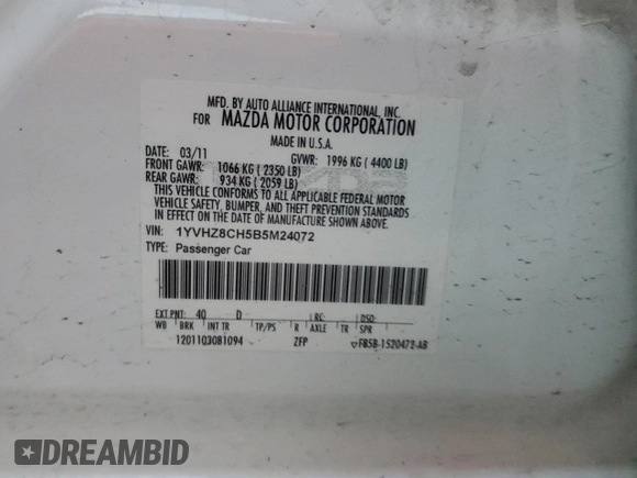 2011 Mazda Mazda6 i Touring with VIN 1YVHZ8CH5B5M24072, listed as a Copart auction lot 85231944 with 107,312 mi miles and Salvage Title. Bid and sale history available at carsss.com. Image 13.