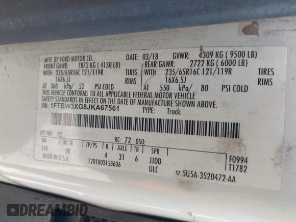 2018 Ford Transit Cargo with VIN 1FTBW3XG8JKA67561, listed as a IAAI auction lot 41997562 with 125,072 mi miles. Bid and sale history available at carsss.com. Image 9.