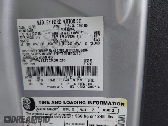 2012 Ford F-150 XL with VIN 1FTFW1ET3CKD61250, listed as a IAAI auction lot 42157714 with 256,720 mi miles and . Bid and sale history available at DreamBid. Image 9.