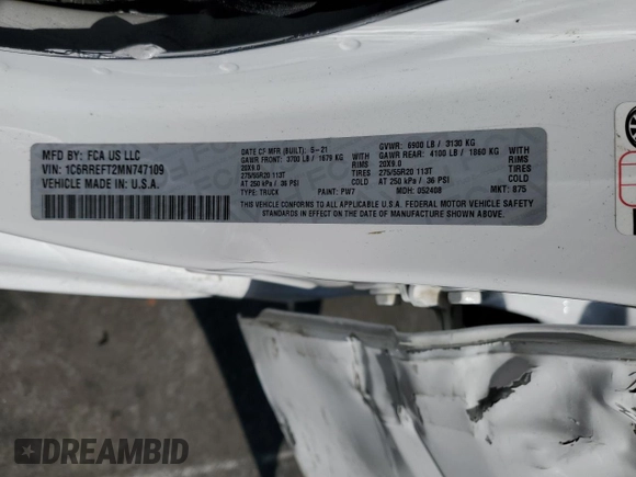 2021 Ram 1500 Big Horn with VIN 1C6RREFT2MN747109, listed as a Copart auction lot 58084855 with 77,604 mi miles and Salvage title. Bid and sale history available at DreamBid. Image 13.