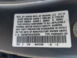 2012 Honda Civic Sdn LX with VIN 19XFB2F52CE329264, listed as a IAAI auction lot 41654894 with 110,836 mi miles. Bid and sale history available at carsss.com. Image 9.