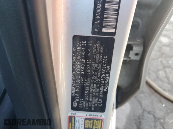 2017 Kia Rio LX with VIN KNADM4A37H6010780, listed as a Copart auction lot 71842344 with 123,281 mi miles and Salvage Title. Bid and sale history available at DreamBid. Image 12.